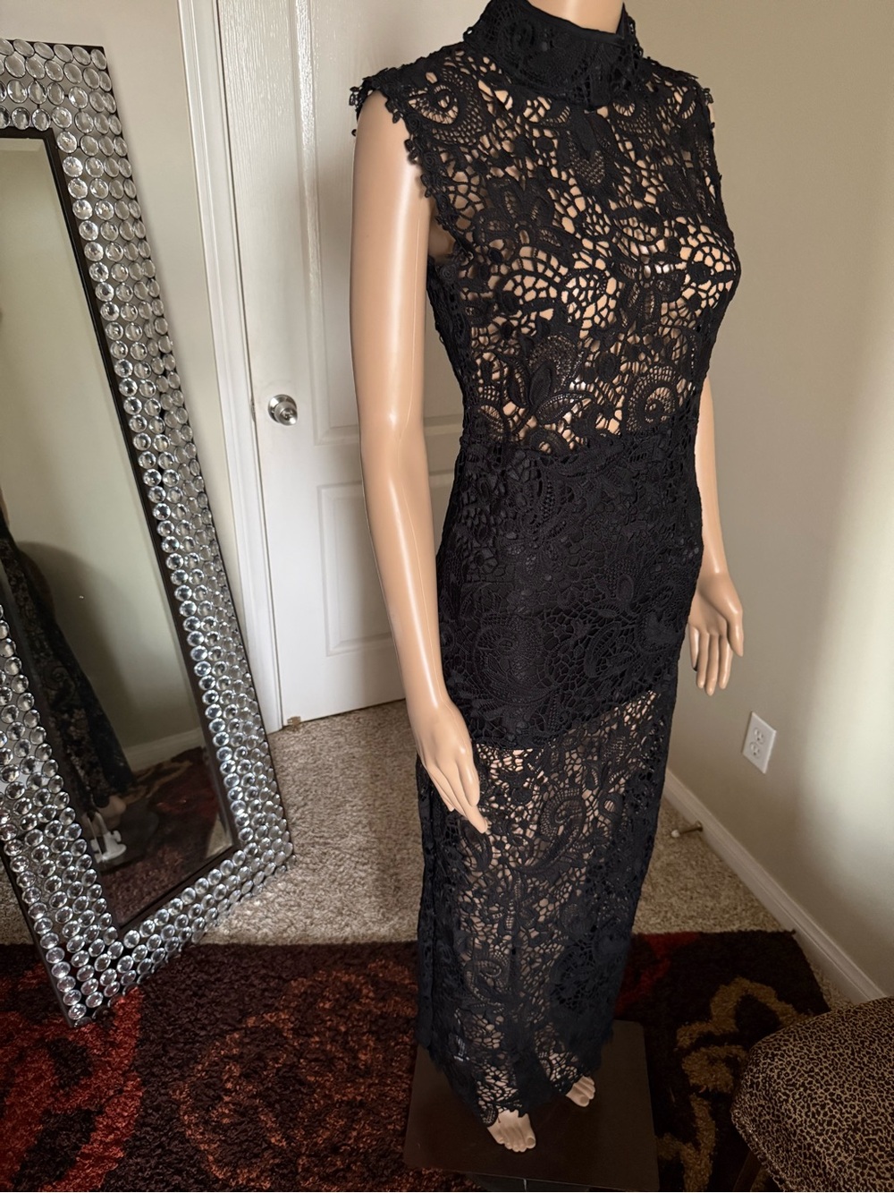 Black Lace High-Neck Maxi Dress